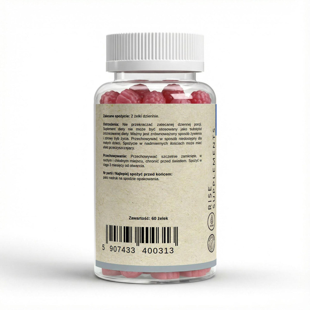 Magnez 200 mg + Cynk 10 mg + B6 żelki 60 szt. — bok opakowania