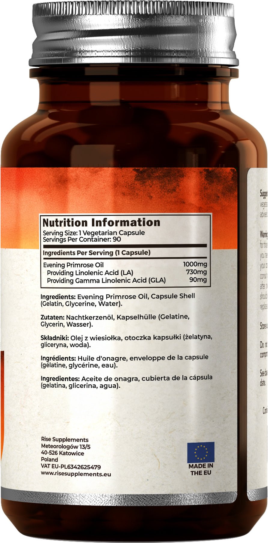 Olej z wiesiołka 1000mg 120 Kapsułek GLA 9%, LA 73% - Rise Supplements