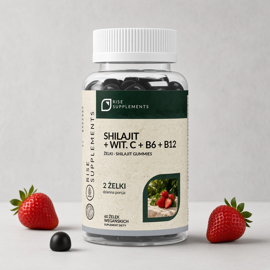 Shilajit 700 mg żelki 60 szt. + C, B6, B12 — zdjęcie produktu na jasnym tle
