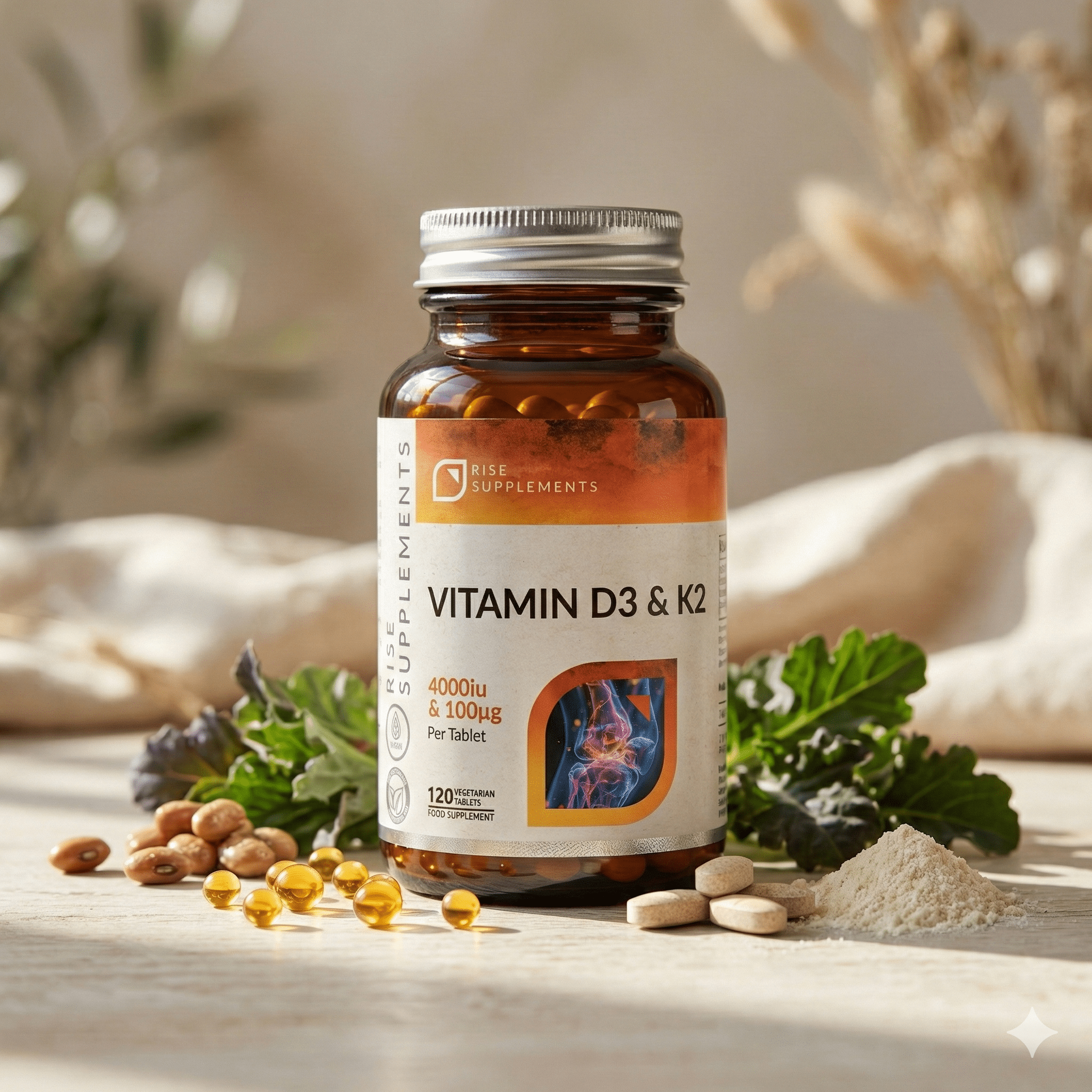 Witamina D3 4000 IU + K2 MK - 7 100 µg 120 tabletek - Rise Supplements