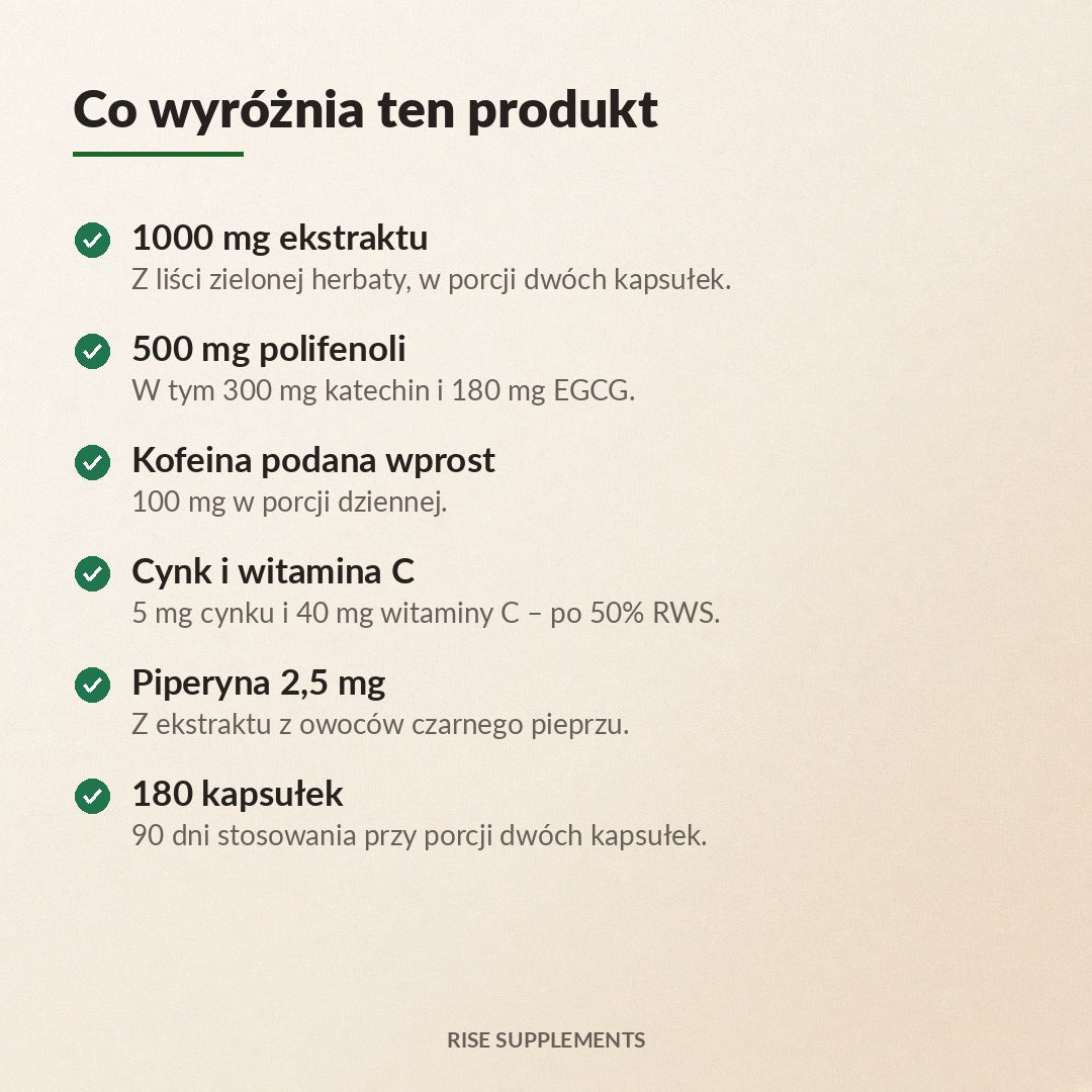 Zielona Herbata ekstrakt 1000 mg + Cynk, Witamina C, Piperyna 180 kapsułek – co wyróżnia produkt