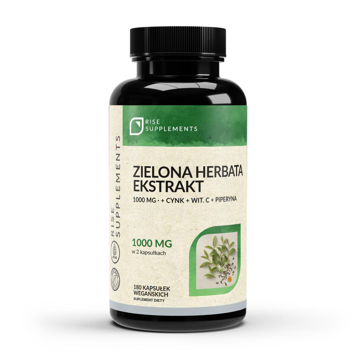 Zielona Herbata ekstrakt 1000 mg + Cynk, Witamina C, Piperyna 180 kapsułek – przód opakowania