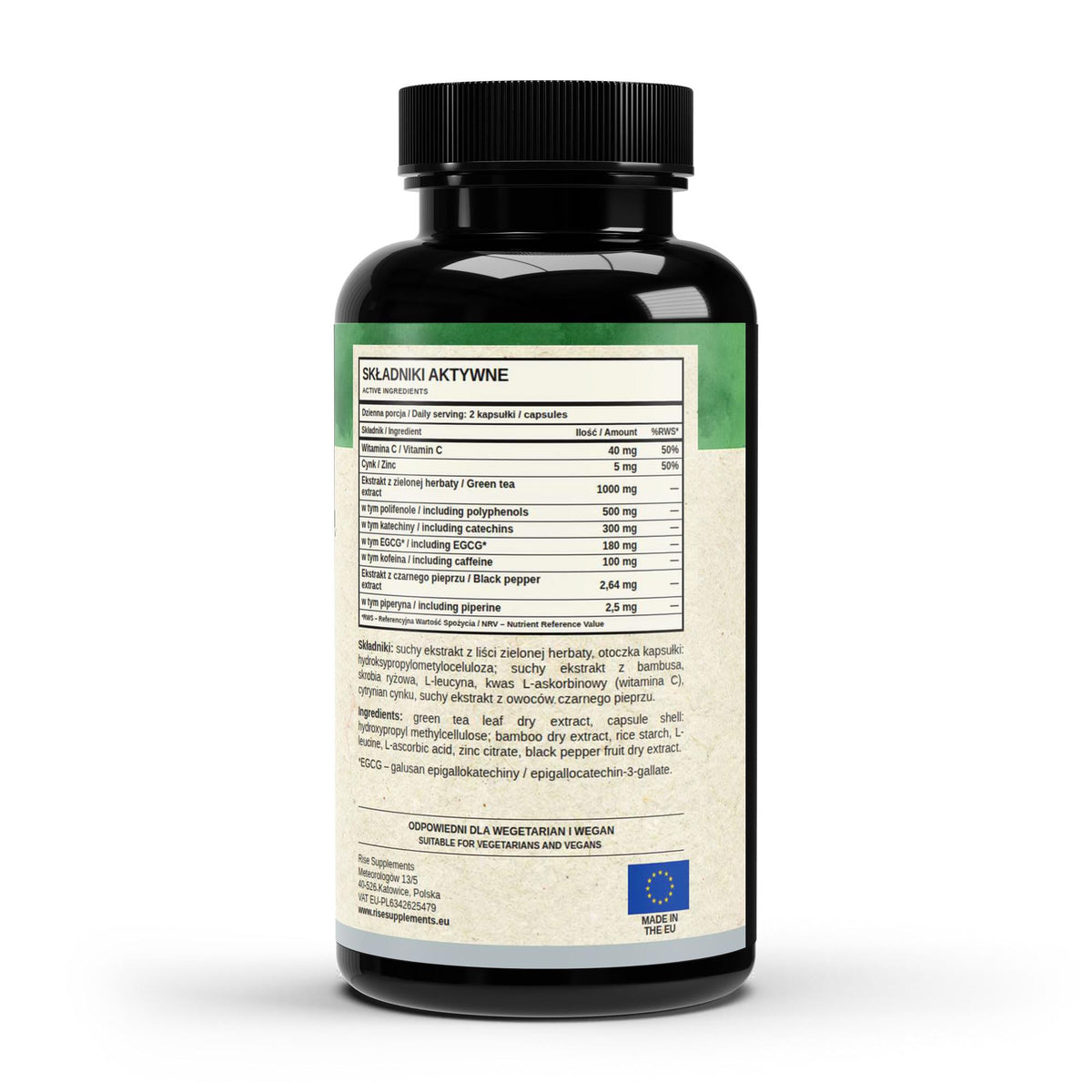 Zielona Herbata ekstrakt 1000 mg + Cynk, Witamina C, Piperyna 180 kapsułek – etykieta ze składem