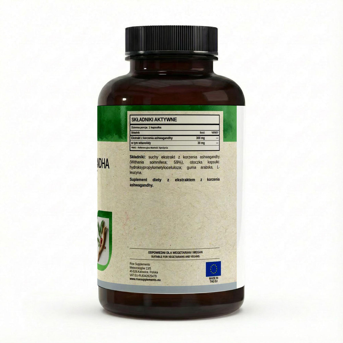 Ashwagandha ekstrakt 300 mg 10% witanolidów 90 kapsułek – etykieta ze składem