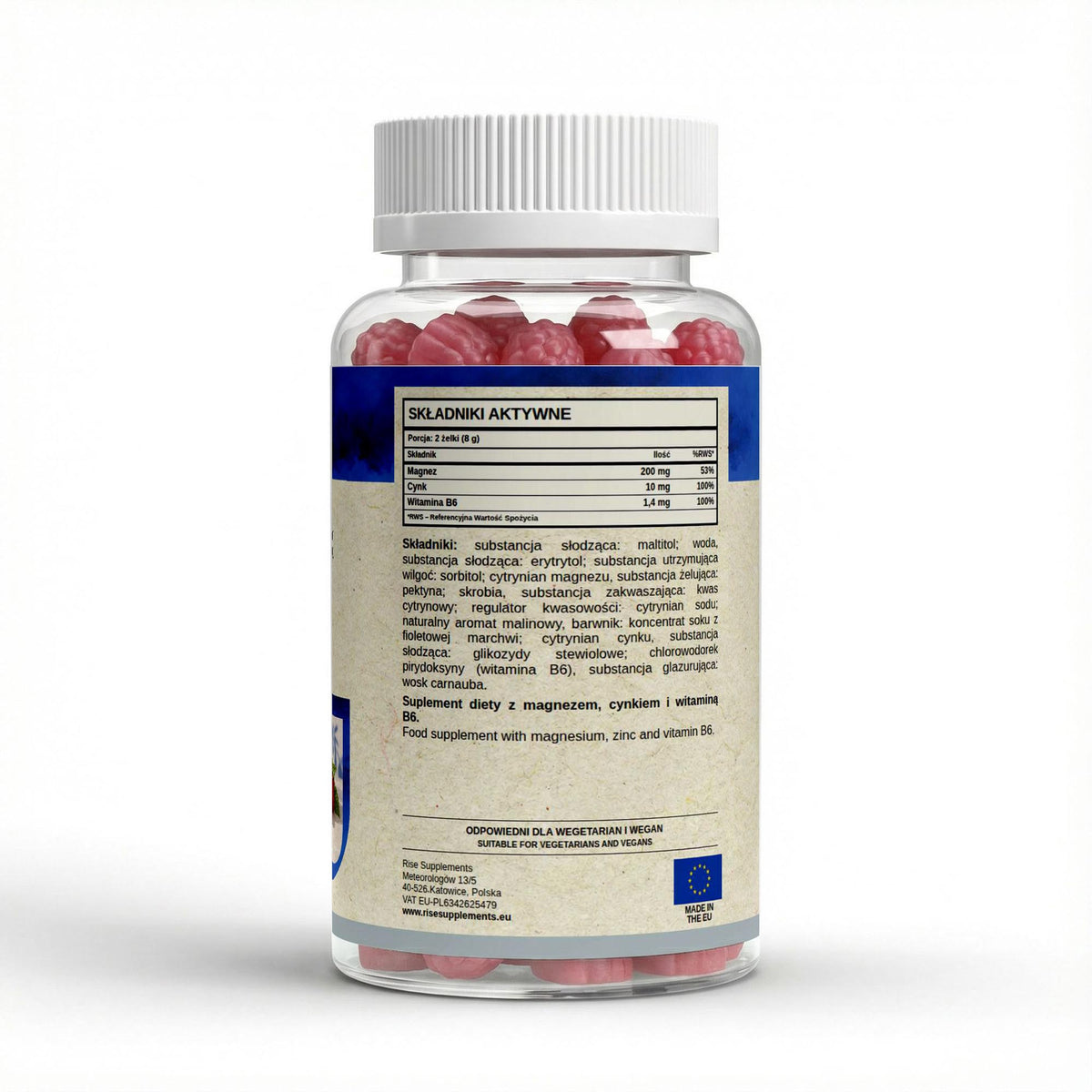 Magnez 200 mg + Cynk 10 mg + B6 żelki 60 szt. — etykieta ze składem