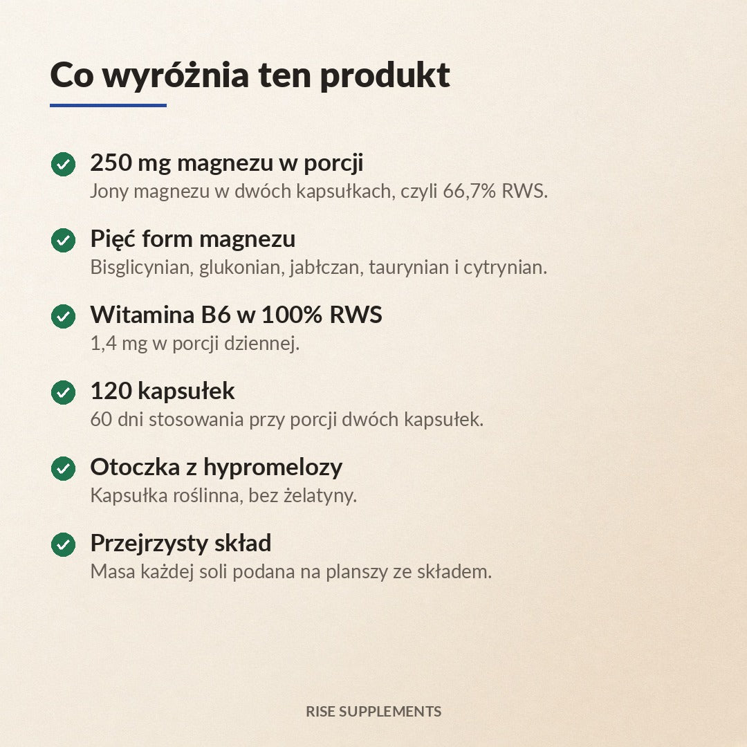 Magnez Kompleks 5 form 250 mg + B6 120 kapsułek — co wyróżnia produkt