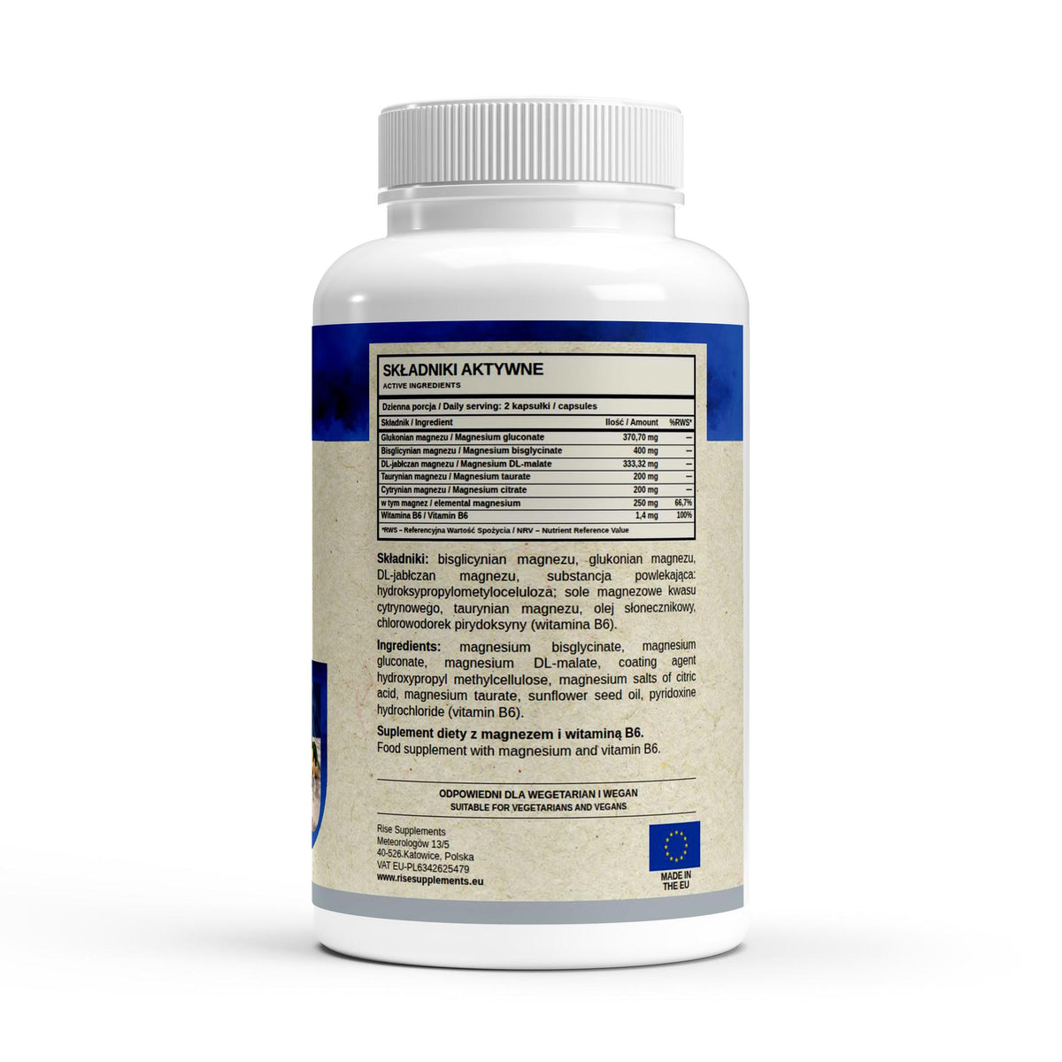 Magnez Kompleks 5 form 250 mg + B6 120 kapsułek — etykieta ze składem