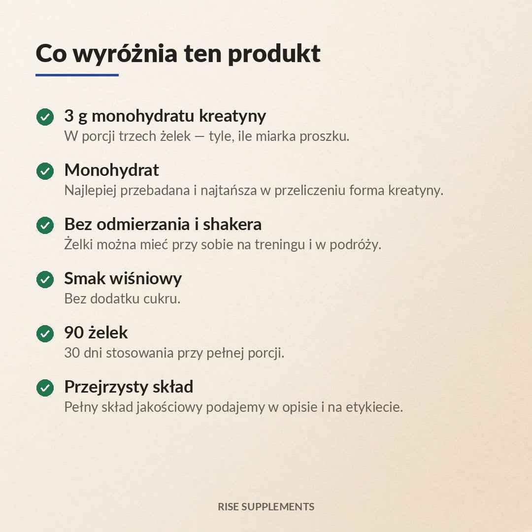 Monohydrat Kreatyny 3 g w porcji żelki wiśniowe 90 szt. — co wyróżnia produkt