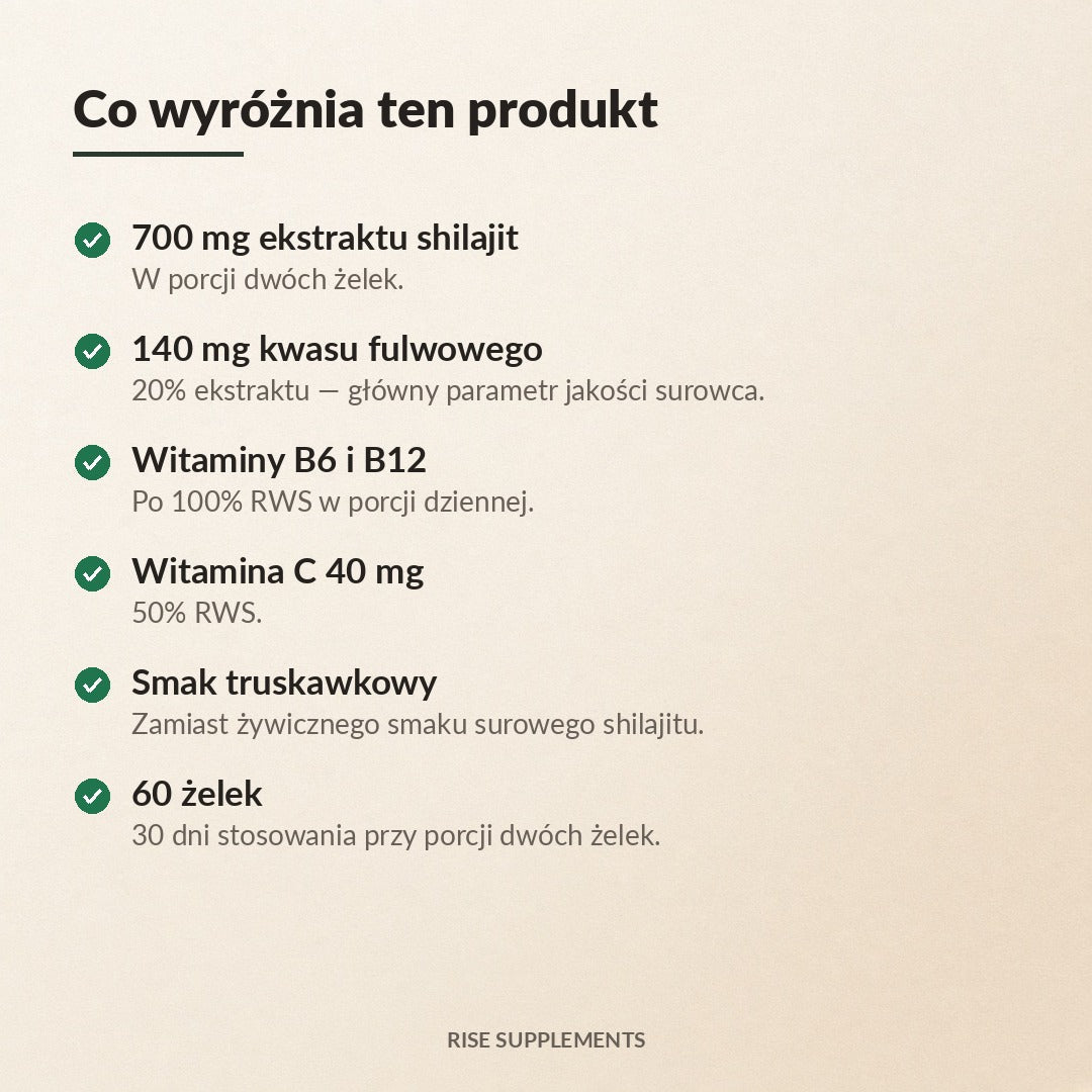 Shilajit 700 mg żelki 60 szt. + C, B6, B12 — co wyróżnia produkt