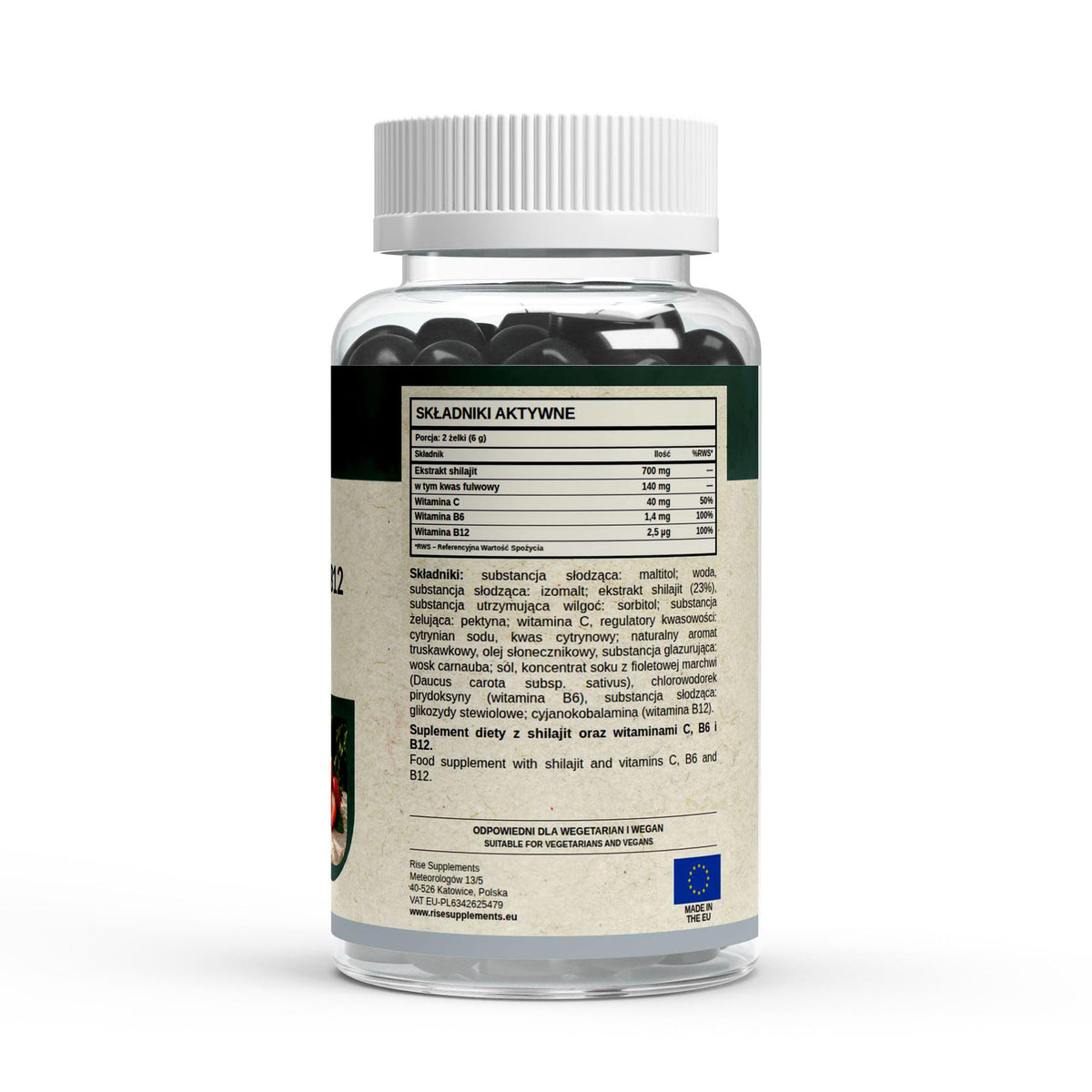 Shilajit 700 mg żelki 60 szt. + C, B6, B12 — bok opakowania