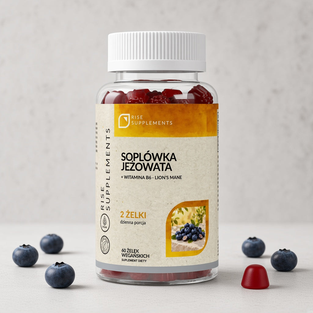 Soplówka Jeżowata (Lion's Mane) + B6 żelki 60 szt. — zdjęcie produktu na jasnym tle