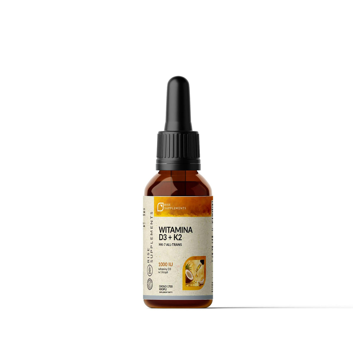 Witamina D3 1000 IU + K2 MK-7 20 µg krople 50 ml — przód opakowania