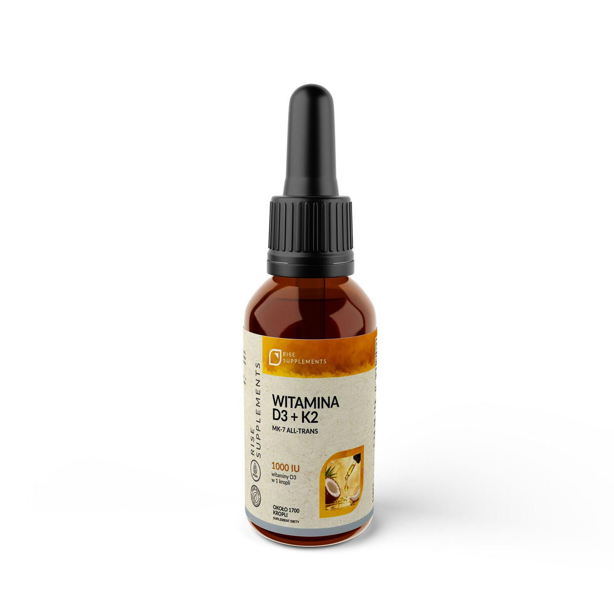 Witamina D3 1000 IU + K2 MK-7 20 µg krople 50 ml — przód opakowania
