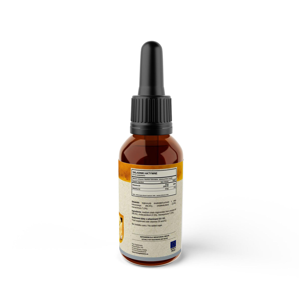 Witamina D3 1000 IU + K2 MK-7 20 µg krople 50 ml — etykieta ze składem
