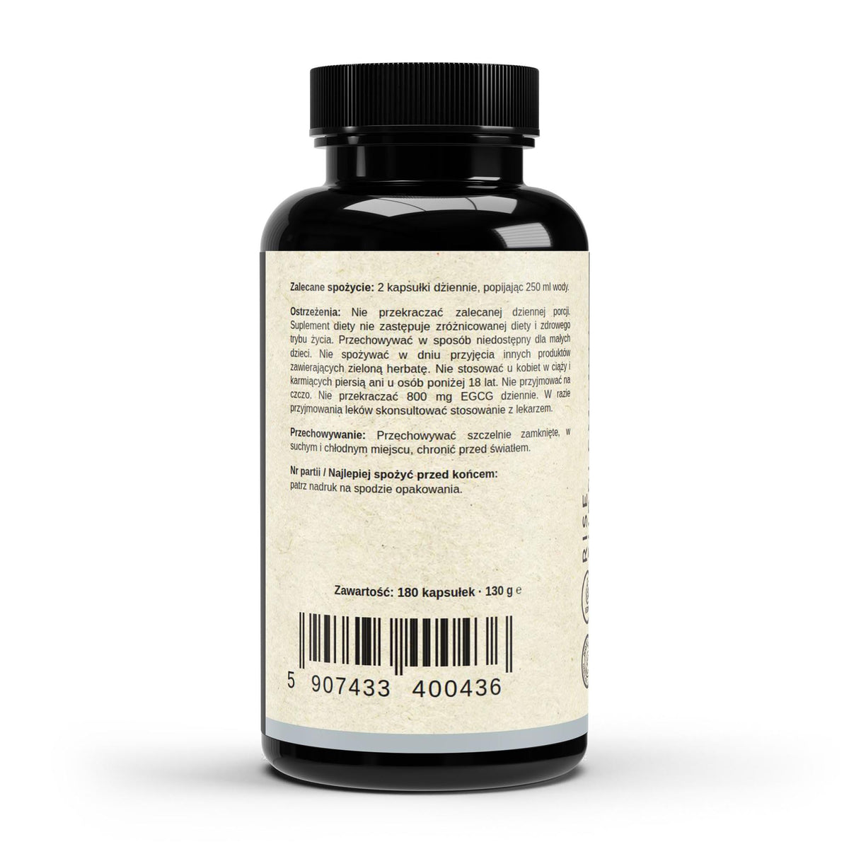 Zielona Herbata ekstrakt 1000 mg + Cynk, Witamina C, Piperyna 180 kapsułek – bok opakowania